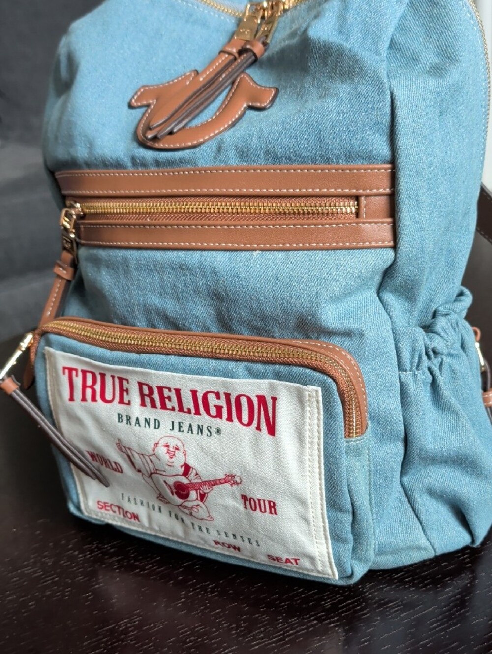 True Religion Light Blue Denim Backpack with Brown Trim and Gold Hardware - Picture 4 of 5